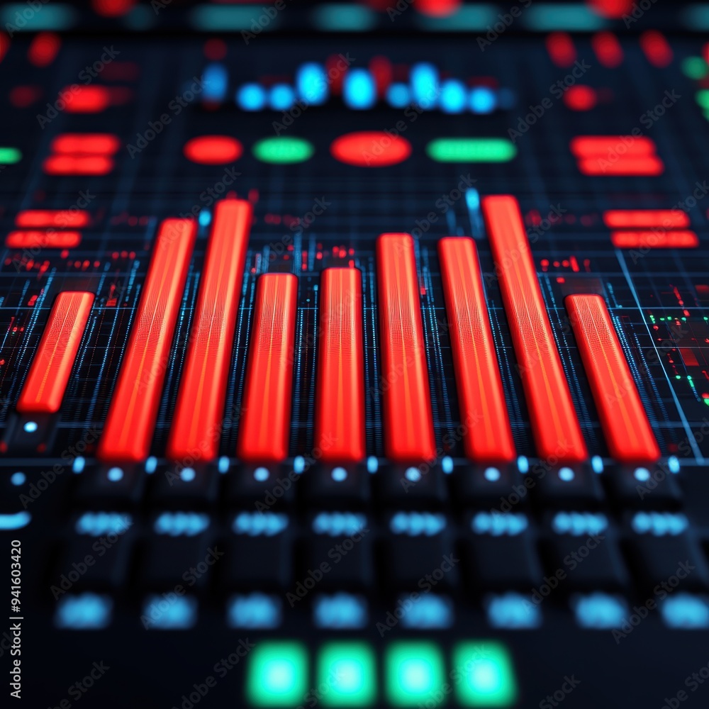 Vibrant digital soundwave display with colorful bars and indicators, representing audio visualization in modern technology. Vibrant digital soundwave display with colorful bars and indicators, representing audio visualization in modern technology.