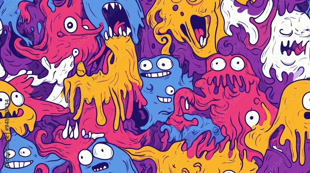 Colorful Seamless Monster Doodles Pattern - Fun and Whimsical Cartoon Creatures for Kids' Designs, Textiles, and Backgrounds Colorful Seamless Monster Doodles Pattern - Fun and Whimsical Cartoon Creatures for Kids' Designs, Textiles, and Backgrounds