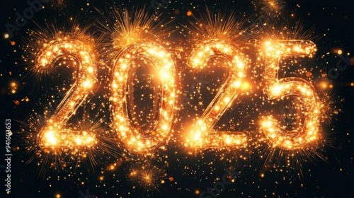 An abstract background with gold numbers and fireworks celebrating the New Year of 2025