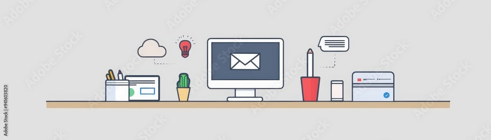 Minimalist office desk setup with a computer, stationery, and decorative items. Clean, organized, and modern workspace illustration. Minimalist office desk setup with a computer, stationery, and decorative items. Clean, organized, and modern workspace illustration.