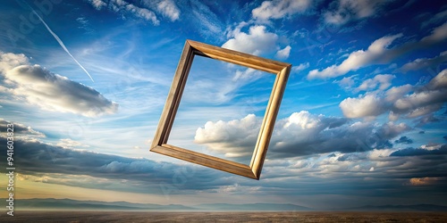 Conceptual Emancipation: Empty frame removed from its context, floating in mid-air, symbolism of absence or freedom. photo