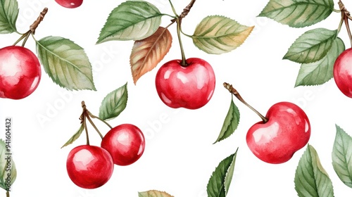 Vibrant watercolor illustration of red cherries with green leaves on a white background, perfect for design and decor.