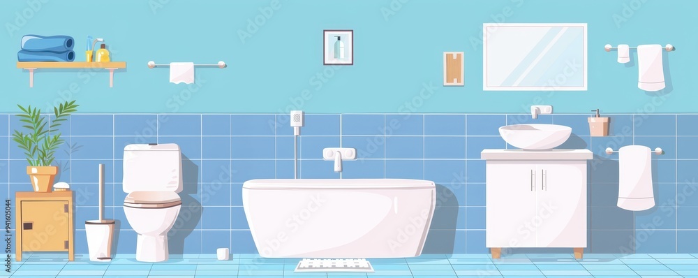 Modern bathroom interior with blue walls, bathtub, vanity, toilet, and shelves. Clean and organized space with accessories and plants. Modern bathroom interior with blue walls, bathtub, vanity, toilet, and shelves. Clean and organized space with accessories and plants.