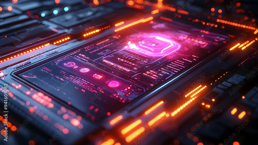 Futuristic Circuit Board with Glowing Lights 3D Illustration Futuristic Circuit Board with Glowing Lights 3D Illustration