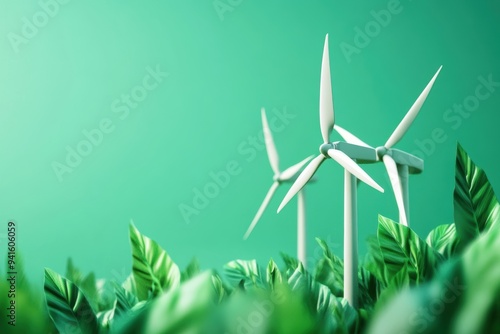 Wind turbines amidst lush green leaves, symbolizing clean energy and sustainable power generation against an eco-friendly backdrop.