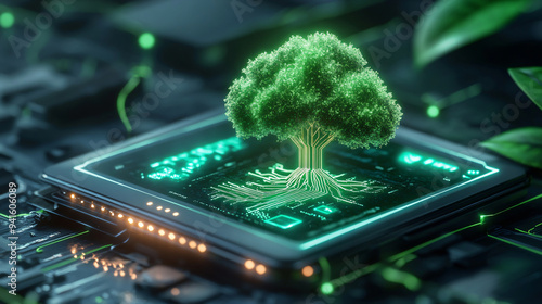 A futuristic concept depicting a green tree emerging from a computer chip, symbolizing the fusion of technology and nature. photo