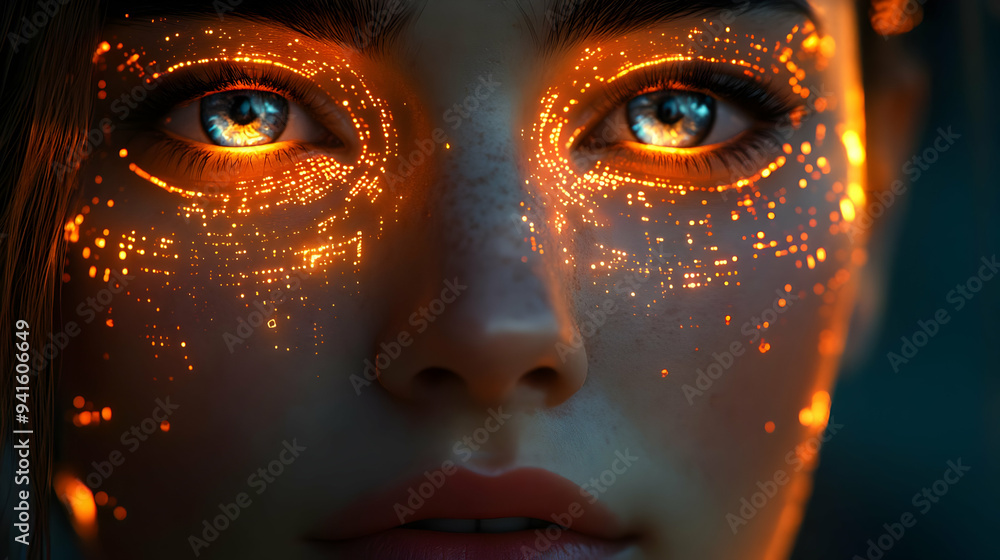 Close-Up of a Woman's Face with Orange Glowing Lights Around Her Eyes - 3D Illustration Close-Up of a Woman's Face with Orange Glowing Lights Around Her Eyes - 3D Illustration