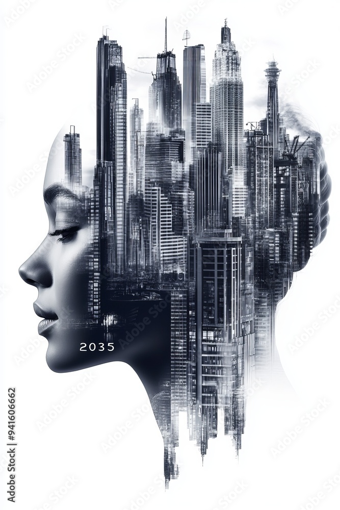 New Year's day, double exposure of a man's head with buildings in the background New Year's day, double exposure of a man's head with buildings in the background