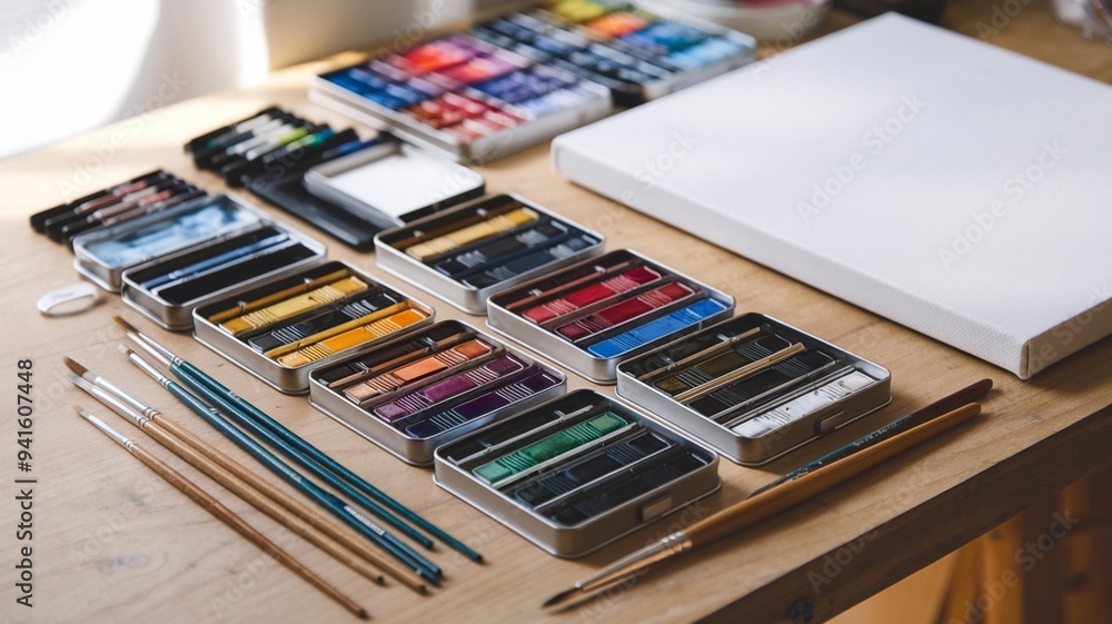 Artist's tools and blank canvas on a wooden table ready for use Artist's tools and blank canvas on a wooden table ready for use
