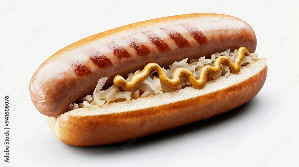 Delicious bratwurst in a bun, sauerkraut and mustard oozing, satisfying comfort food, 3D illustration Delicious bratwurst in a bun, sauerkraut and mustard oozing, satisfying comfort food, 3D illustration