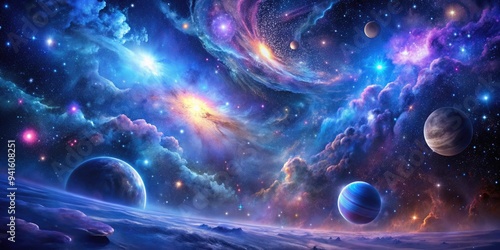 Cosmic Dreamscape - Nebulae, stars, celestial bodies, deep blue and purple hues photo