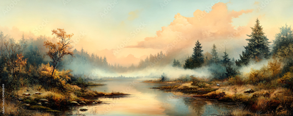 Serene landscape featuring a tranquil river surrounded by misty woods and vibrant trees under a colorful sky. Serene landscape featuring a tranquil river surrounded by misty woods and vibrant trees under a colorful sky.