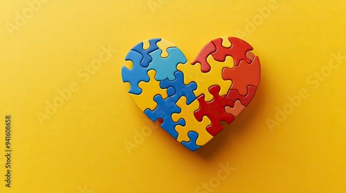 A heart made from colorful puzzle pieces, set against a vibrant yellow background, representing the idea of connection. photo