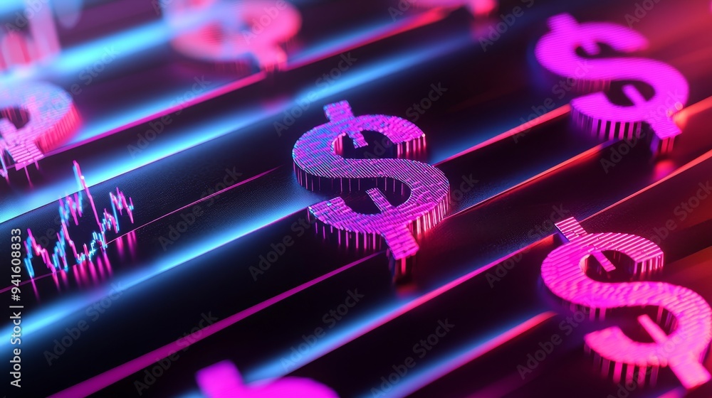 Fototapeta premium Economic policy change, flowing currency symbols with market effects, digital abstract rendering, 3D illustration, copy space for text