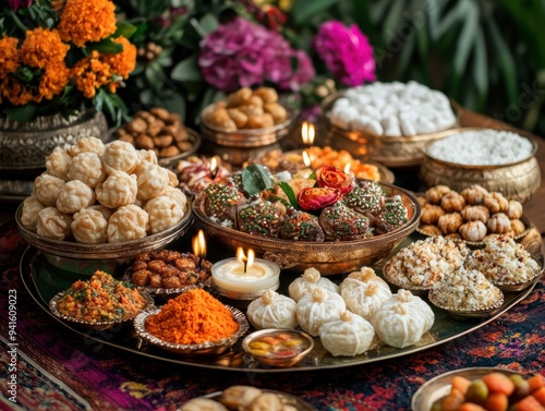 Close-up shot of an assortment of traditional Indian sweets meticulously placed on a decorative tray, highlighting their vivid colors and elaborate patterns.