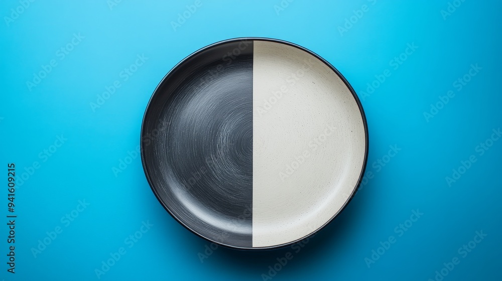 A black and white plate with a blue background A black and white plate with a blue background