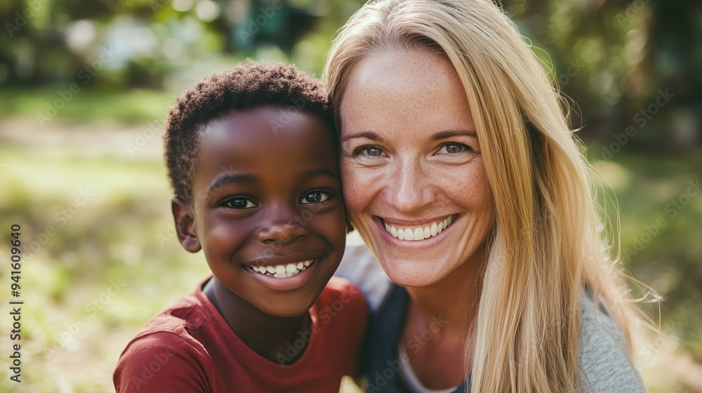 A joyful woman and a young boy share smiles together in a sunlit park during a warm afternoon outing in summer A joyful woman and a young boy share smiles together in a sunlit park during a warm afternoon outing in summer