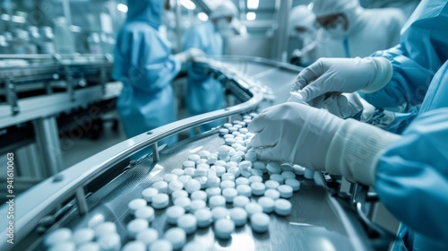Workers in full protective gear sorting and packaging pills on a state-of-the-art pharmaceutical production line, emphasizing the precision and hygiene in modern medication manufacturing processes.