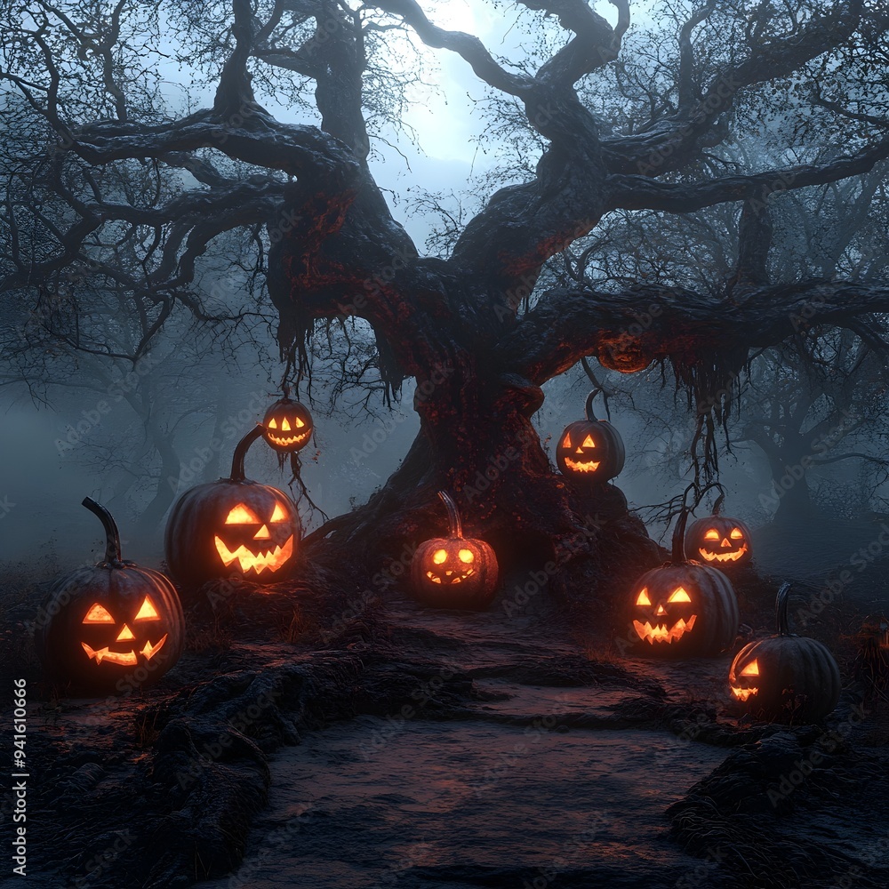 Spooky Forest of Glowing Jack o Lanterns in Mysterious Moonlit Atmosphere Spooky Forest of Glowing Jack o Lanterns in Mysterious Moonlit Atmosphere
