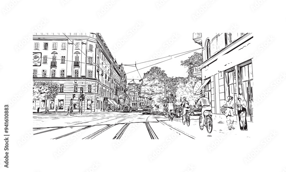 Print Building view with landmark of Stockholm is the capital in Sweden. Hand drawn sketch illustration in vector. Print Building view with landmark of Stockholm is the capital in Sweden. Hand drawn sketch illustration in vector.