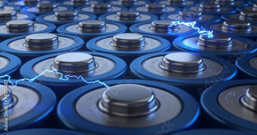 Lithium batteries interacting with energy lightning bolts. 3D Render.