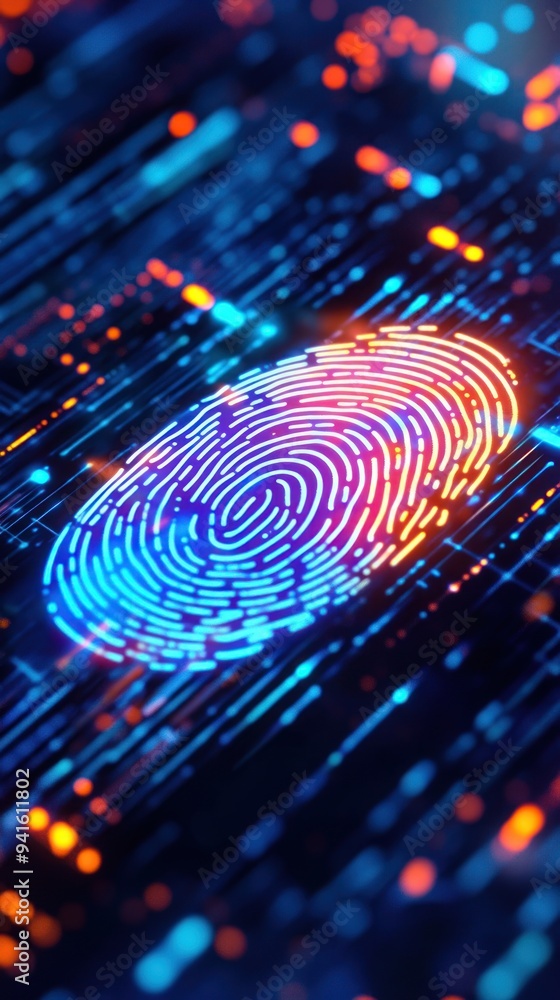 Closeup of digital fingerprint icon on blue digital background representing digital security and identification, technology and identity verification, online protection Closeup of digital fingerprint icon on blue digital background representing digital security and identification, technology and identity verification, online protection