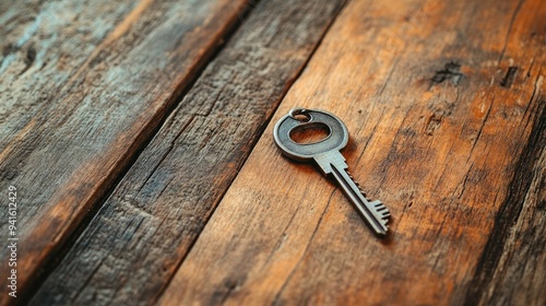 Close-up of a house key on a rustic, grained wooden board, symbolizing the exciting step of purchasing a new home.