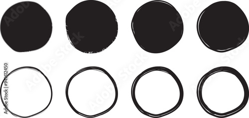 イラスト素材：手書きのシンプルな丸・円　白黒　ベクター　透過　可愛い　かわいい　手描き　Set of hand drawn simple black circles