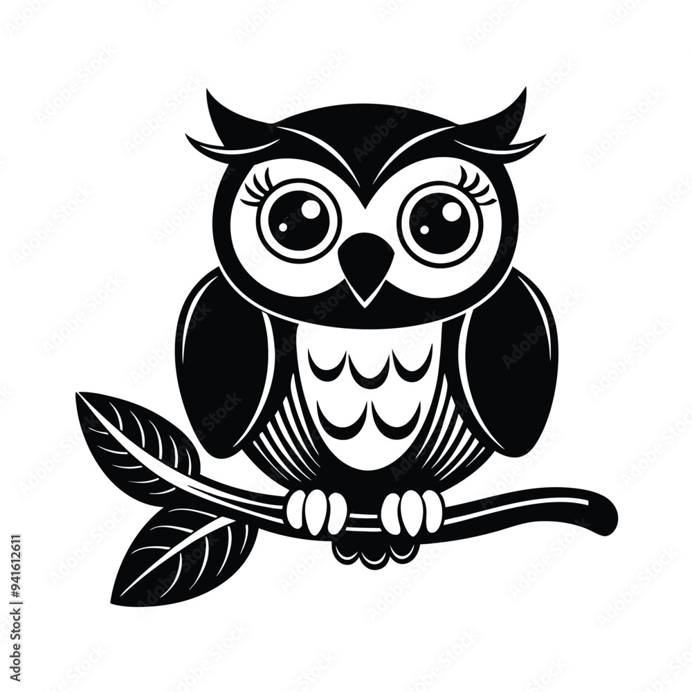 Fototapeta premium Owl outline vector illustration Coloring book for children. Cute owl kawaii animal cartoon character