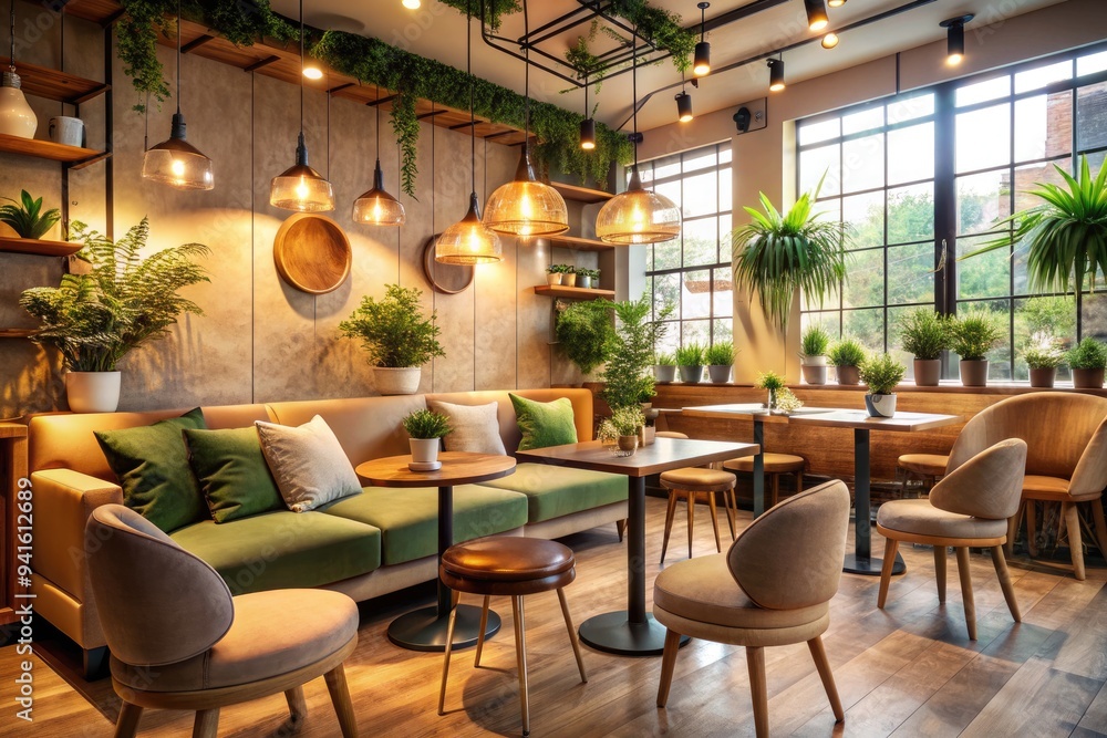 Fototapeta premium Cozy Chic Cafe: Warm lighting, plush seating, soft colors, organic shapes, intimate atmosphere