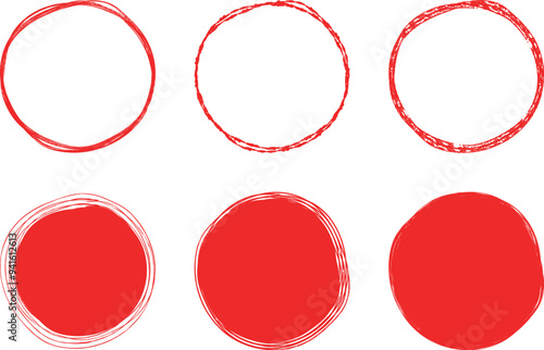 イラスト素材：手書きのシンプルな丸・円　赤　ベクター　透過　可愛い　かわいい　手描き　Set of hand drawn simple black circles