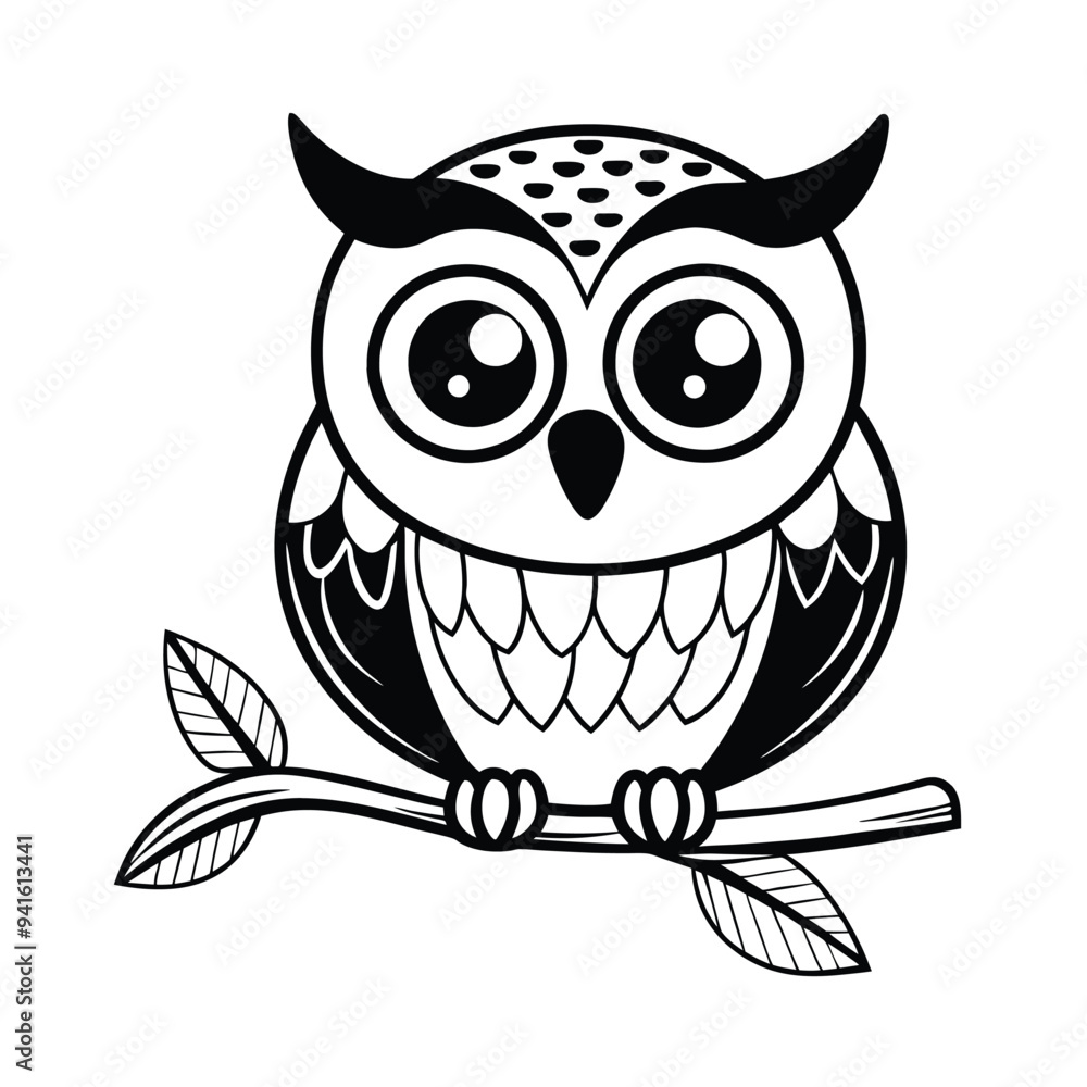 Naklejka premium Owl outline vector illustration Coloring book for children. Cute owl kawaii animal cartoon character