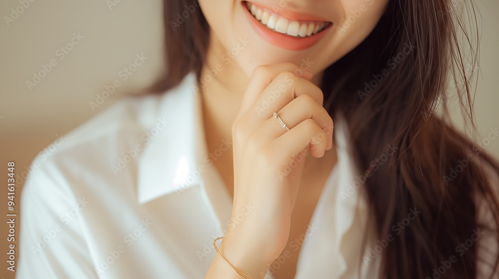 Close-up Portrait of a Smiling Woman Wearing a Ring Close-up Portrait of a Smiling Woman Wearing a Ring