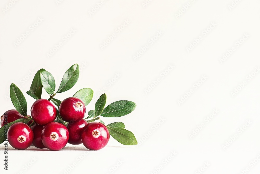 A cluster of red berries with green leaves against a light background. A cluster of red berries with green leaves against a light background.