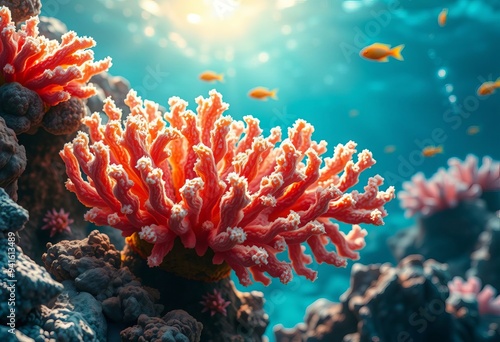 Vibrant Coral Reef with School of Fish