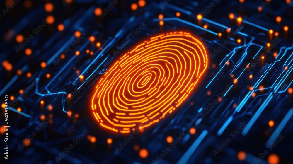 Digital illustration of an orange glowing fingerprint on digital background symbolizing digital identification, modern tech, security system Digital illustration of an orange glowing fingerprint on digital background symbolizing digital identification, modern tech, security system