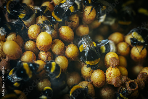 Bild auf Leinwand Bumblebees working on a honeycomb inside a hive