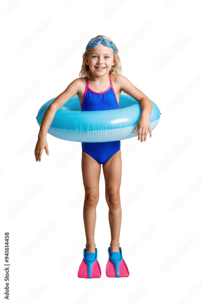 happy swimmer girl with inflatable swim ring and googles happy swimmer girl with inflatable swim ring and googles