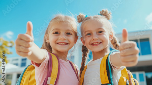 Close-up of two small girls standing in front of their elementray school and showing thumbs up photo