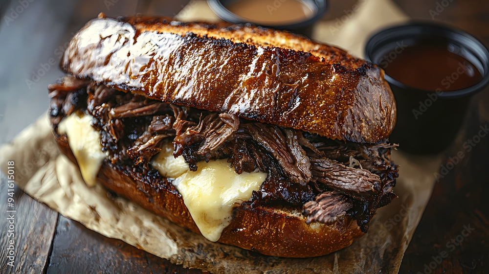 Delicious beef sandwich with melted cheese, served with dipping sauces. rich flavors and textures create mouthwatering experience. Delicious beef sandwich with melted cheese, served with dipping sauces. rich flavors and textures create mouthwatering experience.