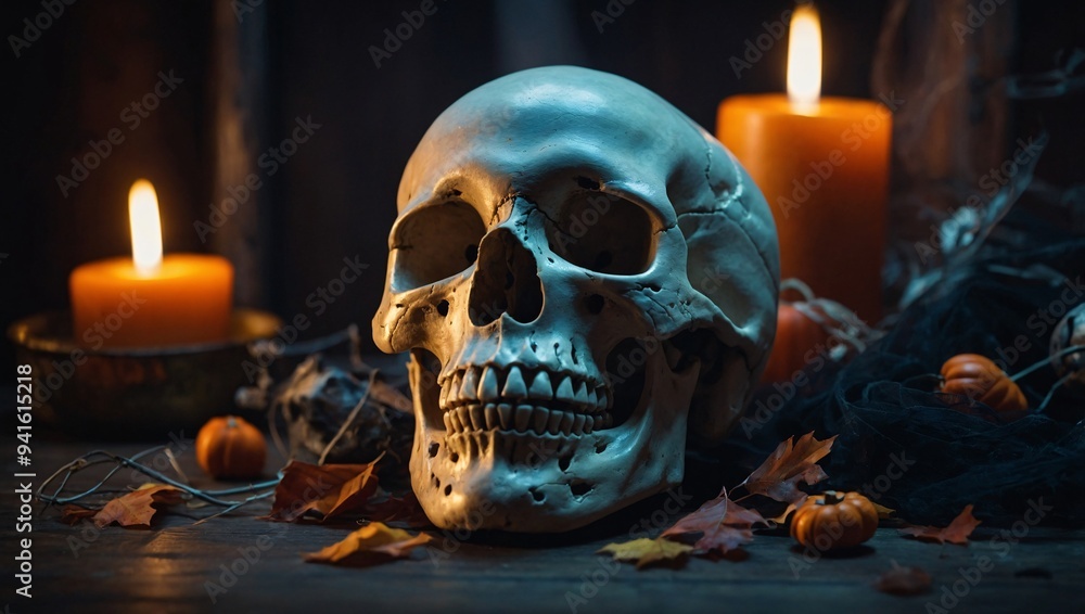 A skull featured in a Halloween-themed decoration setup A skull featured in a Halloween-themed decoration setup