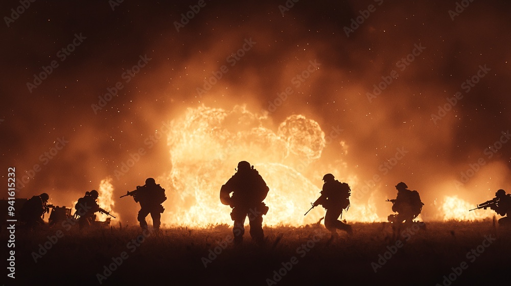 Artillery fire lighting up the night sky explosions in the distance soldiers silhouetted against the glow high resolution high detail ultra HD Artillery fire lighting up the night sky explosions in the distance soldiers silhouetted against the glow high resolution high detail ultra HD