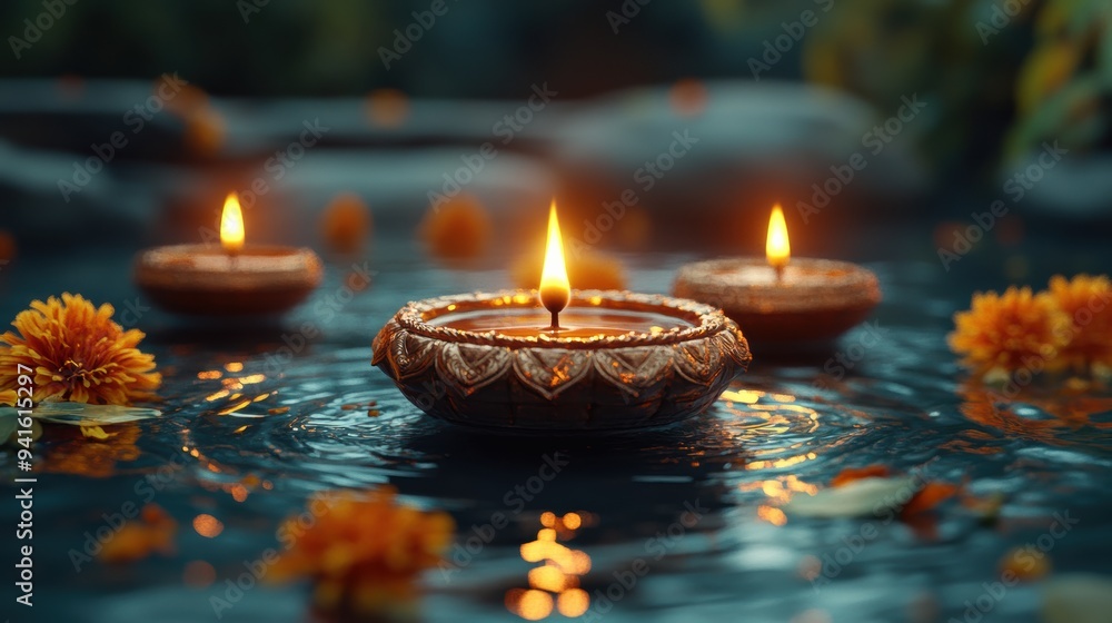 Serene scene of traditional Diyas floating on water, surrounded by marigold flowers, creating a tranquil and spiritual ambiance. Serene scene of traditional Diyas floating on water, surrounded by marigold flowers, creating a tranquil and spiritual ambiance.