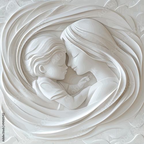 3D bas-relief of a mother and child close-up in vanilla and beige tones.Vector. A resource for advertising reproductive medicine centers, perinatal departments, a sketch, a template for creativity, cr