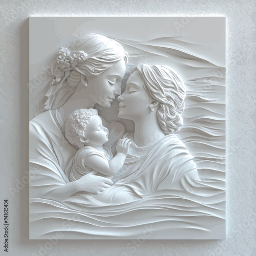 3D bas-relief of a mother and child close-up in vanilla and beige tones.Vector. A resource for advertising reproductive medicine centers, perinatal departments, a sketch, a template for creativity, cr