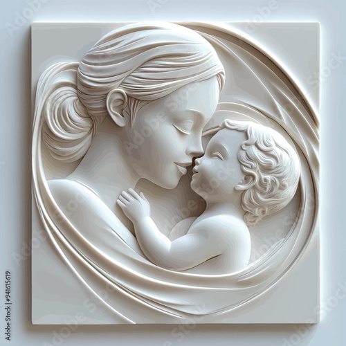 3D bas-relief of a mother and child close-up in vanilla and beige tones.Vector. A resource for advertising reproductive medicine centers, perinatal departments, a sketch, a template for creativity, cr