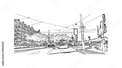 Print Building view with landmark of  Stockholm is the capital in Sweden. Hand drawn sketch illustration in vector.