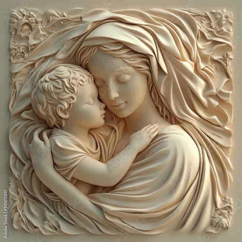 3D bas-relief of a mother and child close-up in vanilla and beige tones.Vector. A resource for advertising reproductive medicine centers, perinatal departments, a sketch, a template for creativity, cr