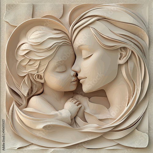 3D bas-relief of a mother and child close-up in vanilla and beige tones.Vector. A resource for advertising reproductive medicine centers, perinatal departments, a sketch, a template for creativity, cr