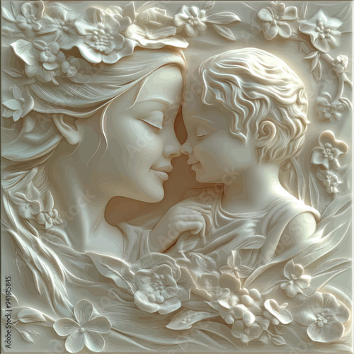 3D bas-relief of a mother and child close-up in vanilla and beige tones.Vector. A resource for advertising reproductive medicine centers, perinatal departments, a sketch, a template for creativity, cr